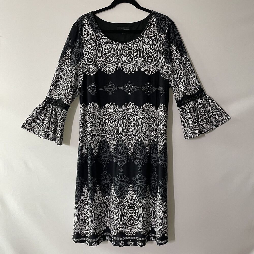 R&K Women Shift Dress Paisley Bell Sleeve Black White Polyester Size 16